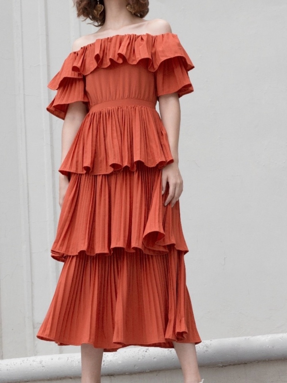 Beulah Style Off Shoulder Layered Pleated Dress Orange Size S NWT